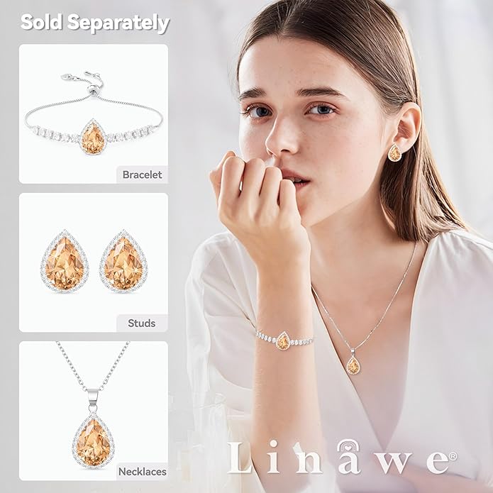 Linawe Crystal Chain Necklace for Women Trendy, Imitation Diamond Pendant, Statement Cubic Zirconia Boho Jewelry Set, 14K Gold/Rose Gold/Silver Birthstone Necklace