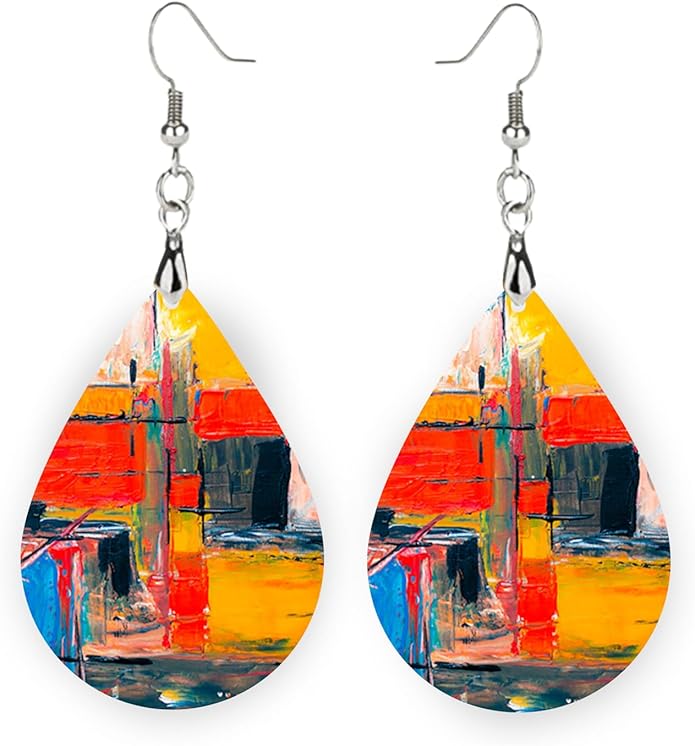 Teardrop Wood Earrings Light Weight Printed Image Dangle Jewelry, Fun and Funky