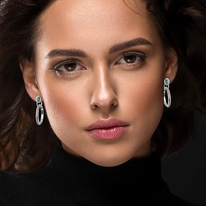 Natural Turquoise Gemstone Birthstone Stud Earrings with Circle Dangle Hoop Earrings Boho style for Vintage Western Jewelry