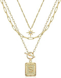 MJartoria Layered Initial Necklaces for Women Trendy, 14K Gold Plated Brass Simple Star Choker Square Letter Pendant Necklace, Paperclip Chain Necklaces Jewelry Gifts