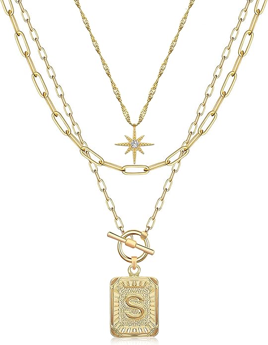 MJartoria Layered Initial Necklaces for Women Trendy, 14K Gold Plated Brass Simple Star Choker Square Letter Pendant Necklace, Paperclip Chain Necklaces Jewelry Gifts