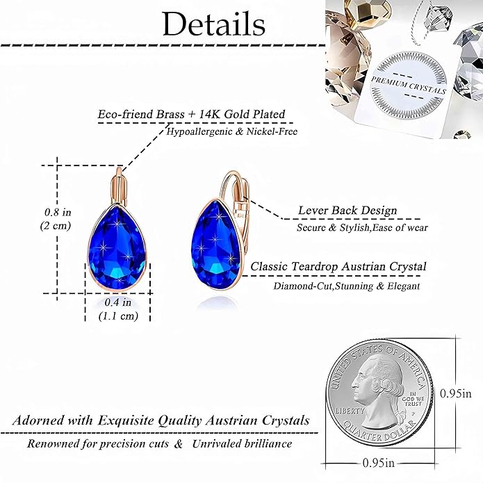 Teardrop Austrian Crystal Leverback Drop Earrings for Women 14K Rose Gold Plated Hypoallergenic Jewelry