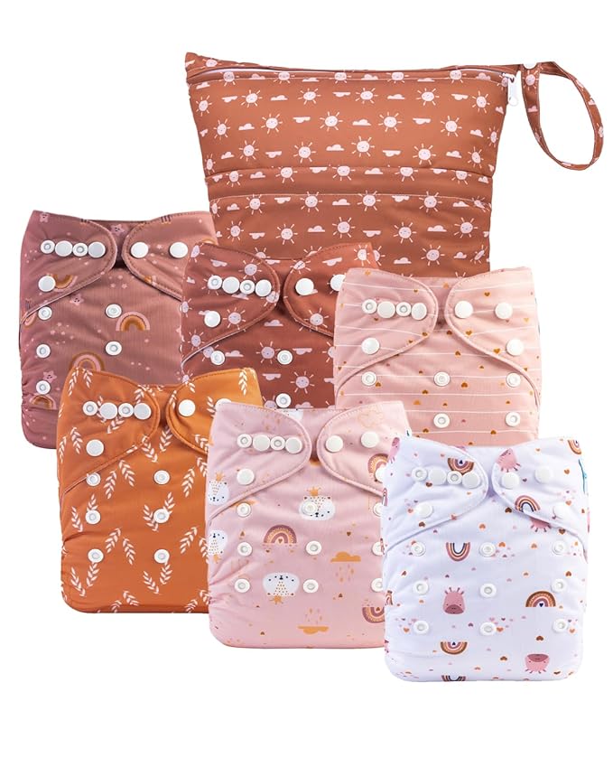 babygoal Cloth Diaper Covers 6 Pack with Wet Bag for Fitted Diapers and Prefolds with Double Gussets, Adjustable and Reusable for Baby Boys and Girls 6DCF12-B