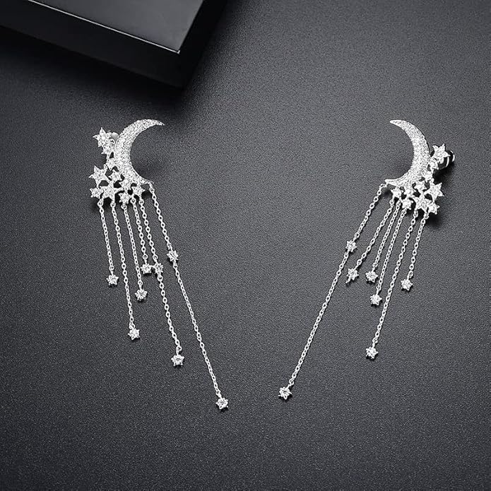 14K Gold Moissanite Moon Star Long Drop Earrings,Dainty Moon and Star Style Long Dangle Earrings,Fashion Jewelry Gift for Her