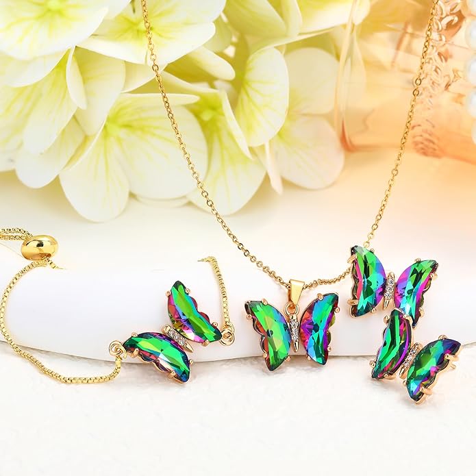 MISS RIGHT Butterfly Crystal Jewelry Set with Butterfly Necklace Stud Earrings Bolo Bracelet Adjustable Ring for Women Trendy, Iridescent Y2K Dainty Butterfly Jewelry Gifts