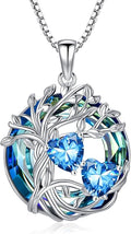 TOUPOP s925 Sterling Silver Family Celtic Tree of Life Pendant Necklaces with 2 Heart Birthstone with Blue Austrian Crystal Jewelry Birthday Valentines Day Gifts for Her, Anniversary Christmas Gifts for Wife Girlfriend Mom (18K Real White Gold Filled)