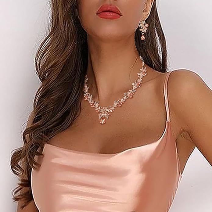 BriLove Women's Wedding Jewelery Set Leaf Flower Crystal Teardrop Marquise Cluster Pendant Necklace Dangle Earrings for Bridal Party