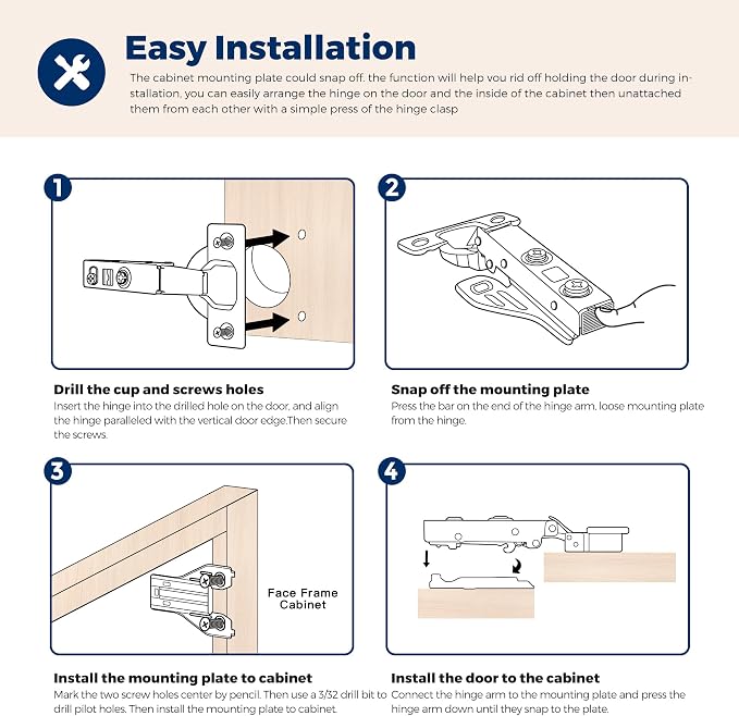 Ravinte Full Overlay Cabinet Door Hinges, 105 Degree, 4 Packs 2 Pair | Satin - Image 5