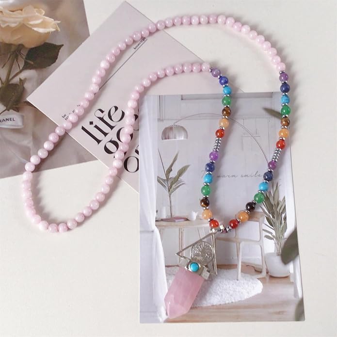 EDEN'S CALL Tree of Life 7 Chakra Stone Beads Necklace for Women and Men Hexagonal Crystal Point Pendant Necklace