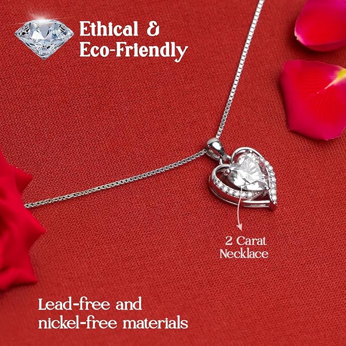 Auravibes Moissanite Heart Necklace for Women, 2-Carat Real Sterling Silver Pendant with “I Love You” Engraving, Valentine’s Day, Anniversary, Birthday or Christmas Gift for Wife, Girlfriend, Mom
