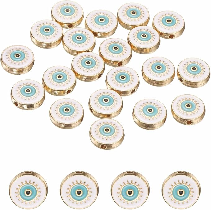 MECCANIXITY 20 Pcs Flat Round Evil Eye Beads Colorful Flat Loose Spacer Evil Eye Charms for DIY Bracelet Earrings Necklace Crafts Jewelry Making, White