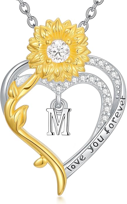 Initial Necklace 925 Sterling Silver Sunflower Heart Letter Pendant Alphabet Anniversary Birthday Jewelry Gifts for Women Mom Girlfriend Wife Her