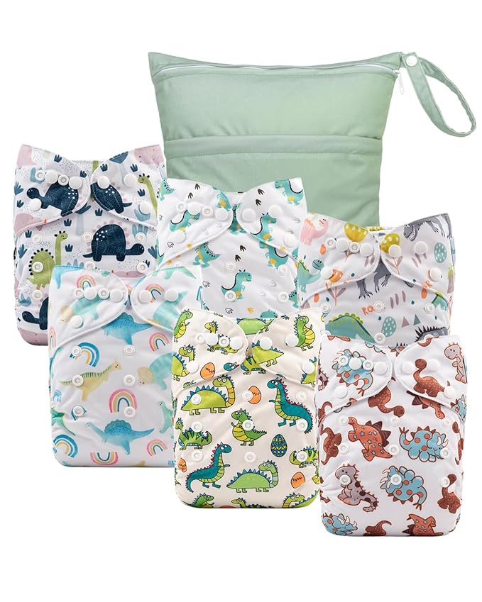 babygoal Cloth Diaper Covers 6 Pack with Wet Bag for Fitted Diapers and Prefolds with Double Gussets, Adjustable and Reusable for Baby Boys and Girls 6DCF11-B
