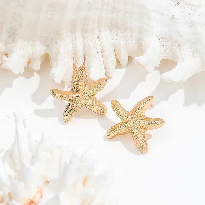 Gold Starfish Earrings for Women Trendy Dainty Starfish Statement Stud Earrings Hypoallergenic Summer Beach Ocean Coastal Jewelry