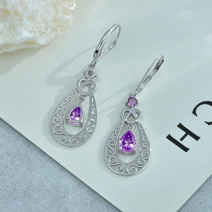 Teardrop Birthstone Dangle Drop Earrings Sterling Silver Infinity Filigree Leverback Earrings, Infinity Love Birthday Anniversary Valentines Day Gifts for Her Women Mom Wife