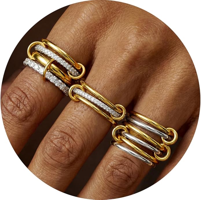 4 Pack Interlocked Stackable Rings for Women - 14K Gold Plated Statement 4 Mixed Metals Multi Ring Stack - Cubic Zirconia Two-Toned Connected Bands Stacking Jewelry