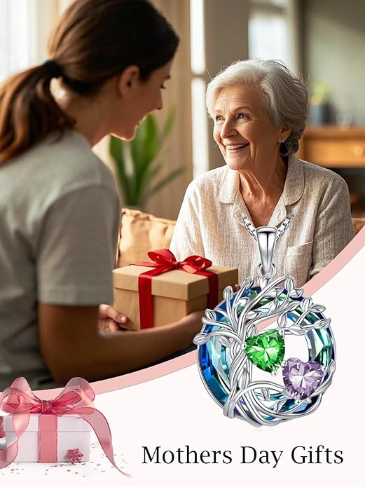 TOUPOP s925 Sterling Silver Family Celtic Tree of Life Pendant Necklaces with 2 Heart Birthstone with Blue Austrian Crystal Jewelry Birthday Valentines Day Gifts for Her, Anniversary Christmas Gifts for Wife Girlfriend Mom (18K Real White Gold Filled)