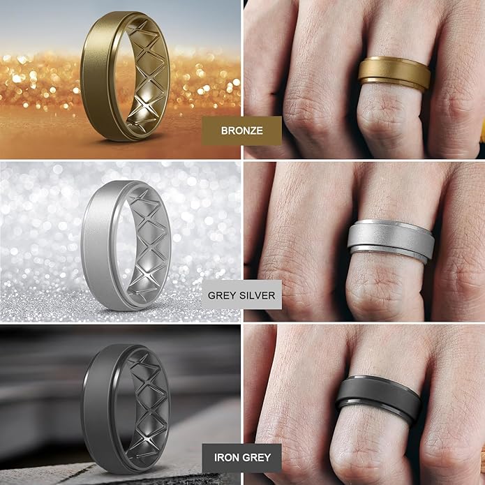 Egnaro Men's Rings 8.5mm Wide-2mm Thick Inner Arc Ergonomic Breathable Rubber Wedding bands-Hypoallergenic for Gym/Outdoor/Gift((1-7 Variety Pack with Half Size)