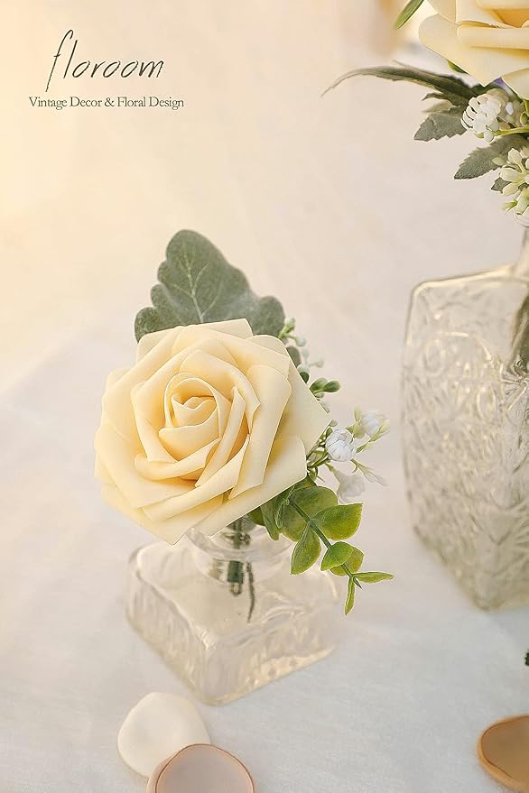 Artificial Flowers 25pcs Real Looking Creamy Yellow Foam Fake Roses - Image 4