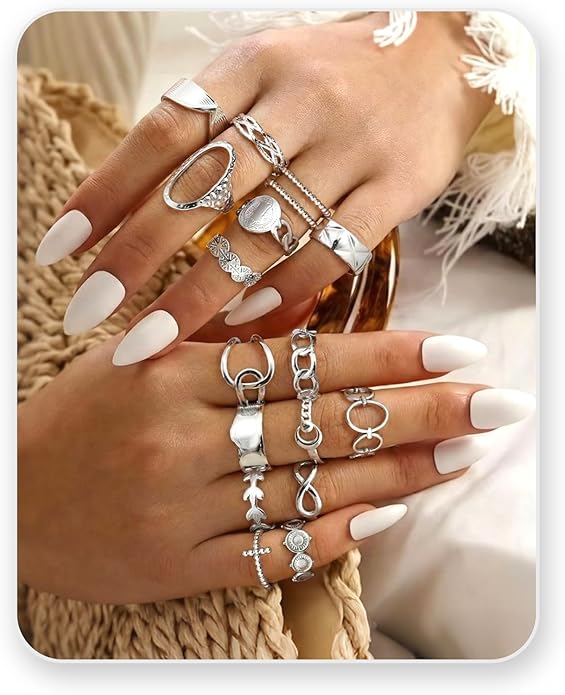 LOLIAS 16Pcs Stackable Stainless Steel Rings for Women Chunky Silver Rings Non Tarnish Ring Open Adjustable Thumb Finger Statement Ring Set