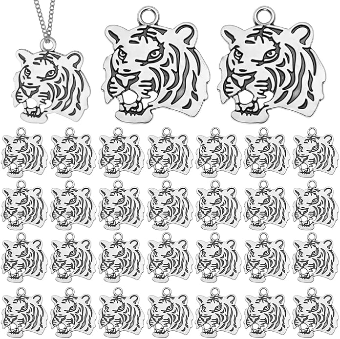 30pcs Tiger Head Charm Animal Tiger Pendants Alloy Tigers Charm Beads Dangle Charms for Jewelry Making Necklace Bracelet Keychain Earring DIY Craft Accessories