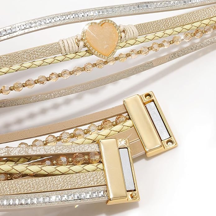 Suyi Multilayer Leather Wrap Bracelet Heart-Shape Wide Cuff Bracelets for Women