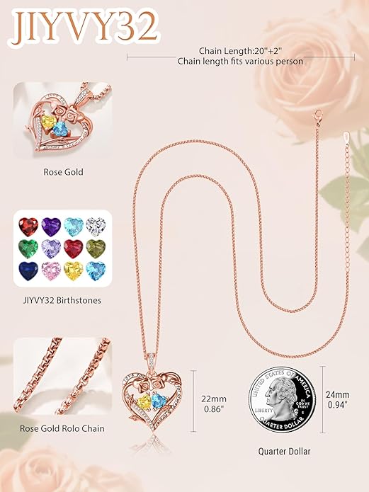 Rose Heart Necklaces for Women, Rose Gold Forever Love Jewelry with 2 Birthstones Pendant,Valentines Anniversarry Birthday Gifts for Her Wife Mom Grandma Daughter, 18+2 Inch Chain