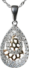 925 Sterling Silver Teardrop Pendant Necklace for Women, Sparkling CZ Halo with Gold-Tone Honeycomb Center, Elegant Water-Wave Chain Jewelry Gift