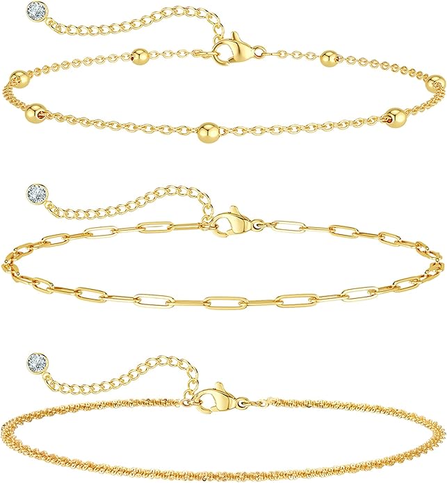 MIDEEO Gold/Silver Ankle Bracelets for Women,14K Gold Anklets for Women Waterproof Cuban Link Heart Beads Herringbone Rhinestone Anklets Set Layered Anklet Bracelets for Women Gold Jewelry Gift