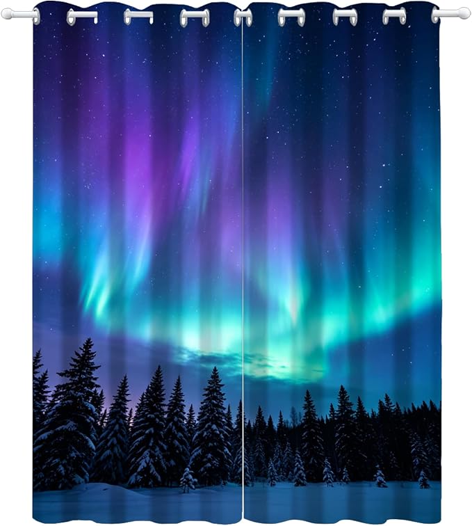 Aurora Snow Scene Curtains for Bedroom Living Room, Pine Tree Silhouette - Image 2