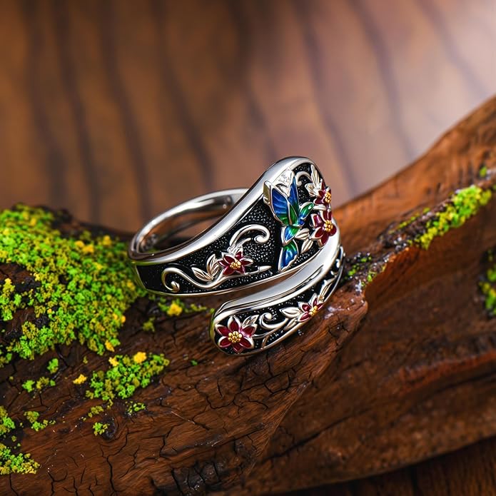 LOANGO Spoon Ring for Women 925 Sterling Silver Spoon Rings Adjustable Oxidized Vintage Thumb Rings Sunflower Hummingbird Butterfly Bee Cardinal Jewelry Gifts for Women Men