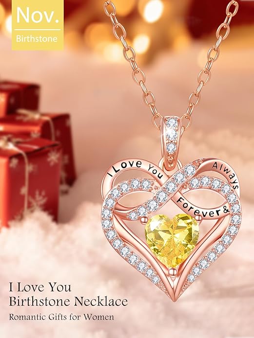 Infinity Rose Gold Valentines Heart Birthstone Necklace for Women,I Love You Always and Forever Jewelry,Valentines Anniversary Birthday Gifts for Her Wife Mom Grandma Daughter