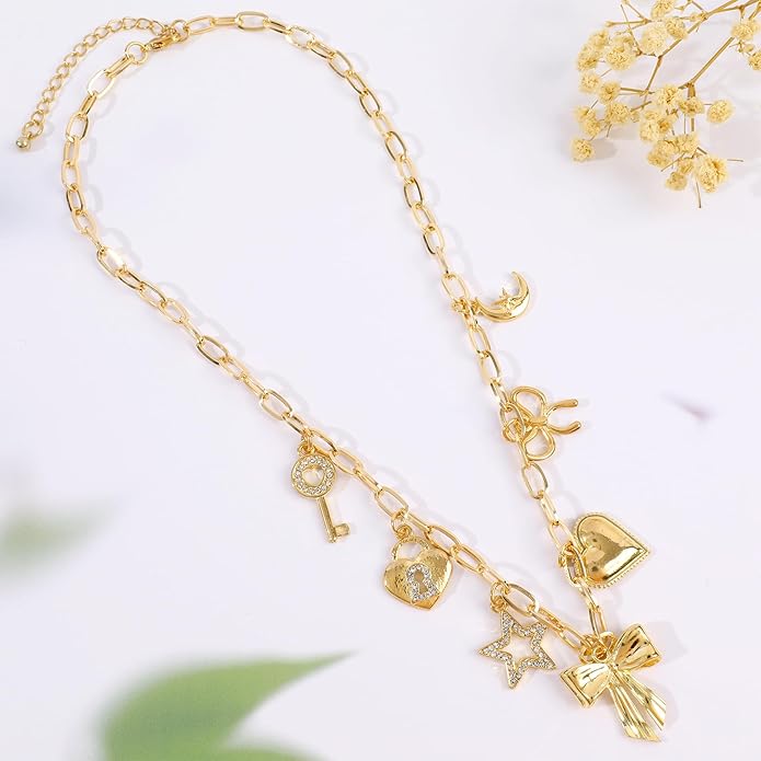 [3 Trendy Styles] Women's Necklaces - Alloy with Glass Crystals & Pearls, Electroplated O - Link Chain, Mermaid Inspired by Fantasy Aesthetics/Bow with Y2K Sweet Charm/Cherry Fruit in the Latest Kawaii Vibe, 47cm(18.5in) Chain Length + 6.5cm(2.55in) Ex...