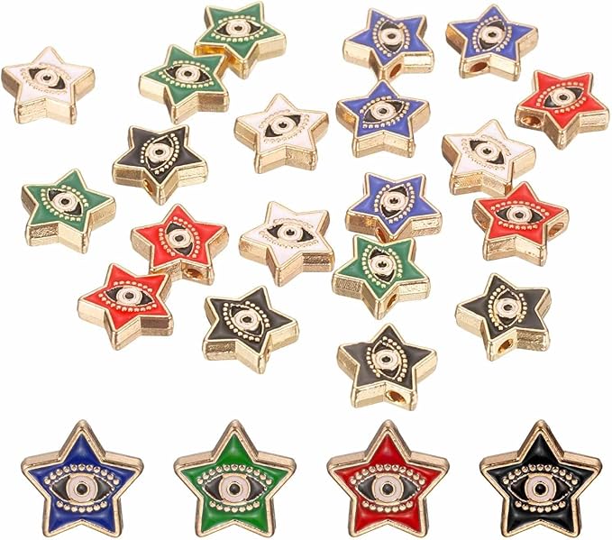 MECCANIXITY 20 Pcs Star Evil Eye Beads Colorful Flat Loose Spacer Evil Eye Charms for DIY Bracelet Earrings Necklace Crafts Jewelry Making, Green/Red/Bright Blue/Black/White