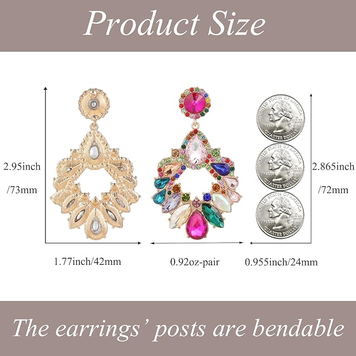 Fashion Rhinestone Statement Drop Dangle Earrings Large Colorful Crystal Chandelier Earrings for Women Bridal Wedding Party Prom