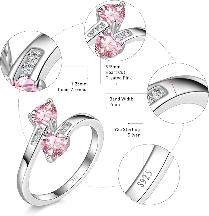 1CT Adjustable Women Heart Ring 925 Sterling Silver Birthstone Rings for Women Promise Ring for her Simulated Gemstone Statement Stackable Band Width 2mm Open Size 5~9