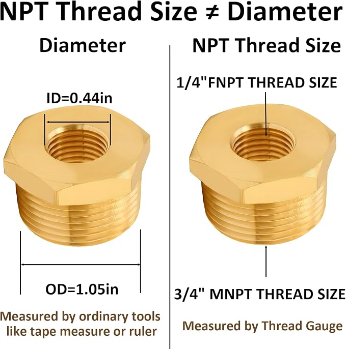 Brass Pipe Fitting Reducer Hex Bushing 3/4 NPT Male x 1/4 NPT Female Adapter - Image 2