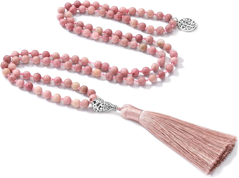 INBLUE 108 Mala Prayer Beads Wrap Necklace with Long Tassel Boho Necklace for Women Amazonite Bead Bracelet with Spiritual Tree of Life Pendant 108 Beads Necklace for Meditation