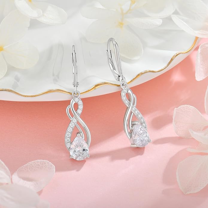 Infinity Love Birthstone Earrings for Women 925 Strling Silver 5A Cubic Zirconia Dangle Drop Leveback Earrings Jewelry Birthday Christmas Day Gifts for Her