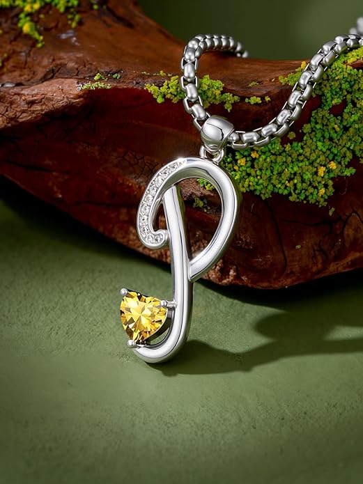 Valentines Day Gifts for Women Alphabet A to Z Initial Birthstone Pendant Necklaces for Women - 18k White Gold Plated Personalized Name Jewelry Valentine Mothers Day Birthday Gifts for Women Her Girlfriend