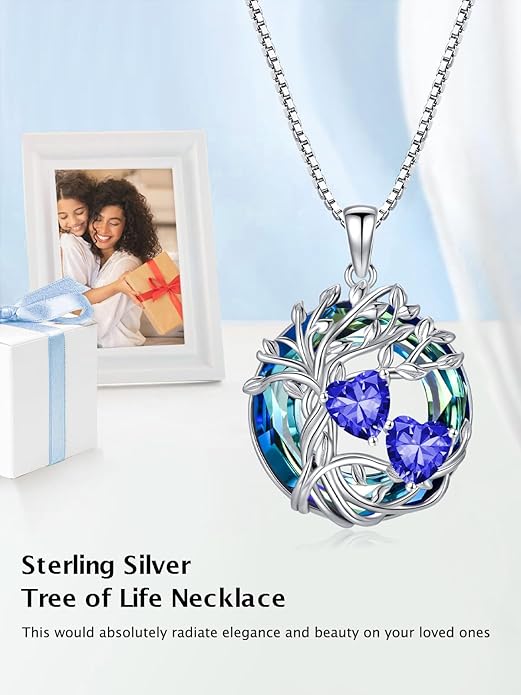 TOUPOP s925 Sterling Silver Family Celtic Tree of Life Pendant Necklaces with 2 Heart Birthstone with Blue Austrian Crystal Jewelry Birthday Valentines Day Gifts for Her, Anniversary Christmas Gifts for Wife Girlfriend Mom (18K Real White Gold Filled)