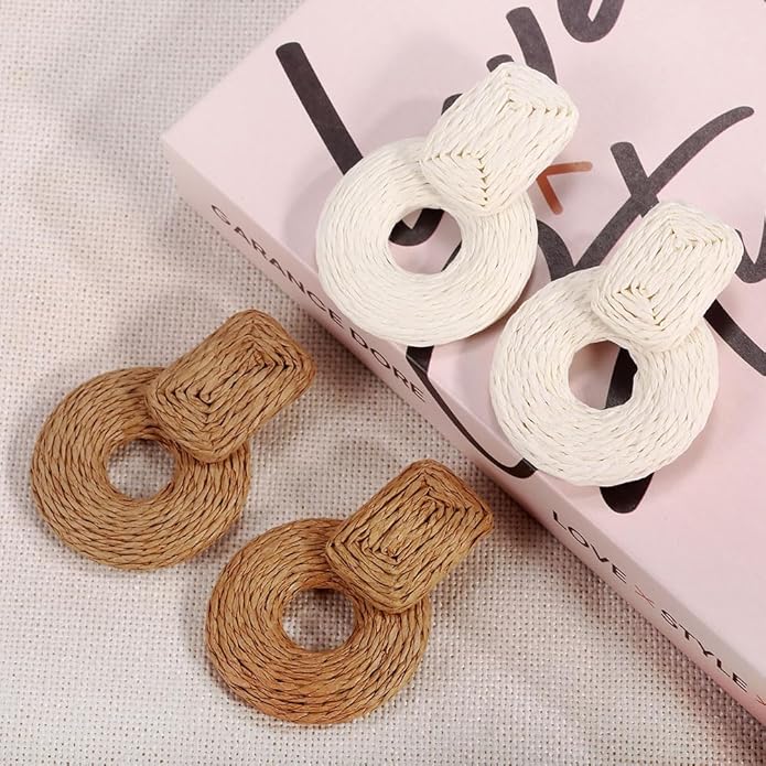 4 Pairs Handmade Raffia Rattan Bohemian Round Drop Dangle Earrings for Women, Boho Statement Cute Fun Hoop Earrings Set