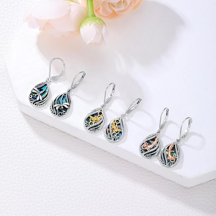 Animal Earrings 925 Sterling Silver Abalone Shell Dangle Drop Earrings Leverback Earrings Cute Animal Jewelry Gifts for Women Girlfriend