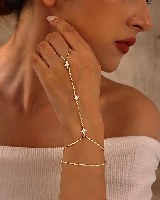 CHESKY 14K Gold Plated Hand Chain Bracelets for Women Set - Dainty Finger Ring Bracelet Stack Adjustable Hand Chains Durable Beaded Bracelets Trendy Simple Body Jewelry Gift for Women
