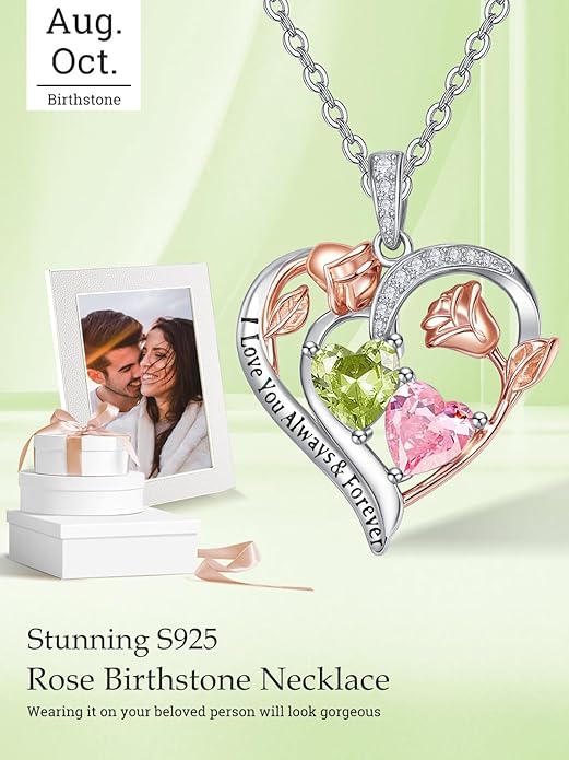 Valentine's Day Gifts for Wife 925 Sterling Silver Double Birthstone Pendant Necklaces I Love You for Always and Forever Necklace Anniversary Birthday Gifts for Wife Girlfriend Mom Her