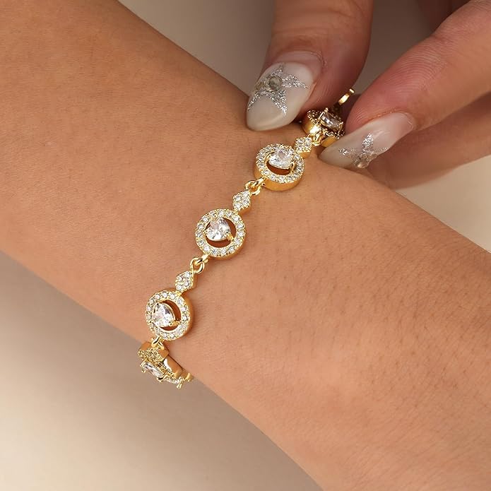 Tennis Bracelet for Women 14K Gold Plated Cubic Zirconia Bracelet,Classic Crystal Tennis Bracelet, Rhinestone Delicate Bracelet Gift for Her