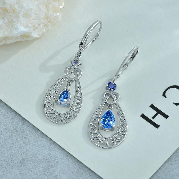Teardrop Birthstone Dangle Drop Earrings Sterling Silver Infinity Filigree Leverback Earrings, Infinity Love Birthday Anniversary Valentines Day Gifts for Her Women Mom Wife