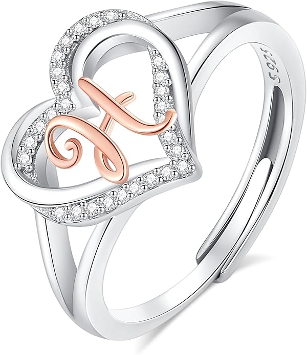 INFUSEU 925 Sterling Silver Initial Heart Ring for Women Girls, Adjustable Size