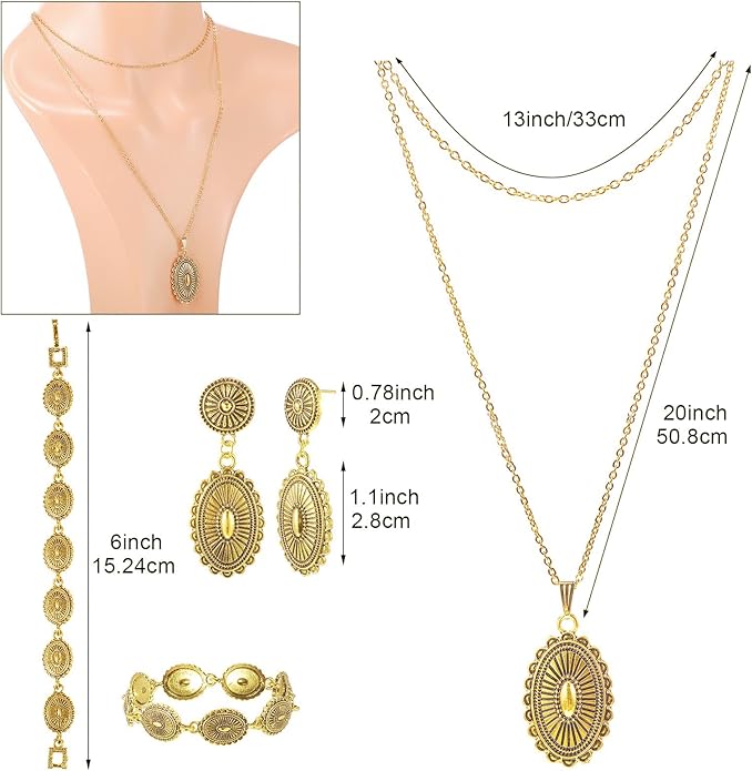 Haysandy 4 Pcs Turquoise Western Jewelry Sets for Women Bohemian Vintage Concho Necklace Classic Dangle Earrings Bracelet Belt