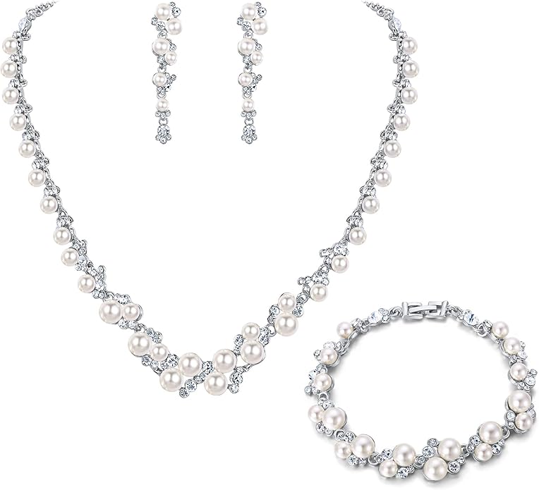 EVER FAITH Simulated Pearl Crystal Bridal Necklace Earrings Bracelet Set Clear